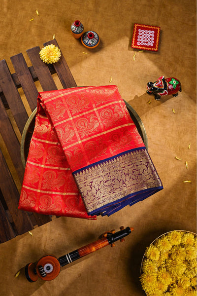 Raspberry Red with Navy Blue Kanchipuram Silk Saree