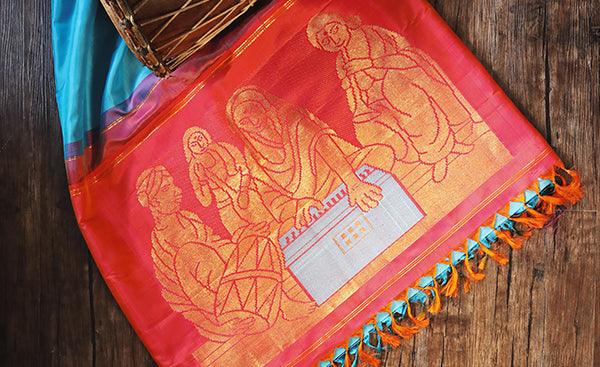 Sky Blue & Red Pure Silk Saree