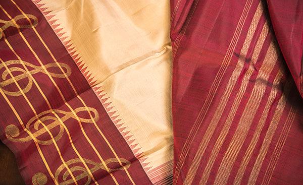 Cream & Maroon Pure Kanchipuram Handloom Silk Saree
