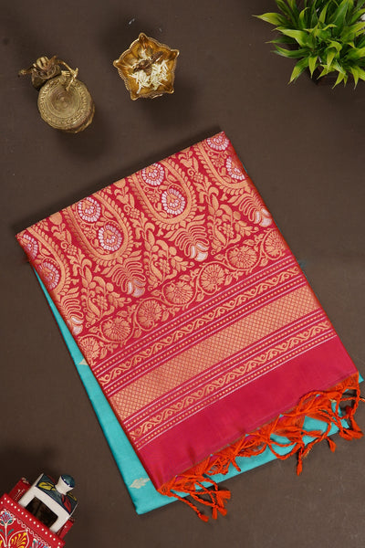 Light Blue and Bright Red Soft Silk Saree