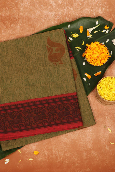 Olive Green Cotton Saree