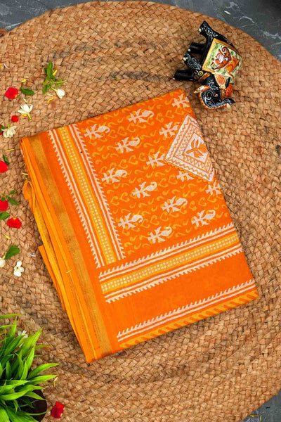 PALAM-SILKS-Mango Orange Semi Silk Cotton Saree