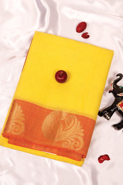 Palam-Silks-Shop-Online-Neon Yellow Semi Silk Cotton Saree