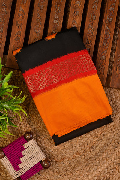 PALAM-SILKS-Black and Orange Ikhat Kanchipuram Silk Saree