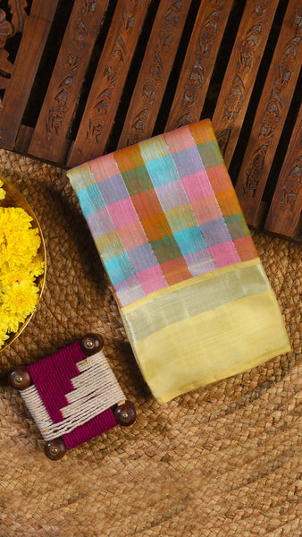 PALAM-SILKS-Multicoloured Linen Kanchipuram Silk Saree