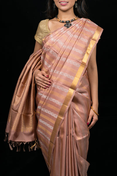 Palam Silks | Buff Brown Handloom Kanchipuram Silk Saree