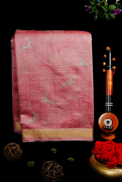Rose Pink Semi Tussar Embroidery Saree