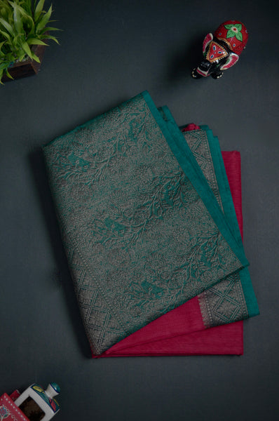 Red and Green Semi Linen Saree