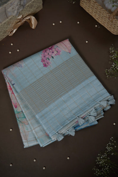Light Blue Floral Semi Tussar Saree