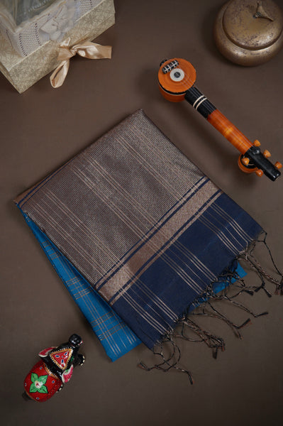 Bright Teal Blue Semi Tussar Saree