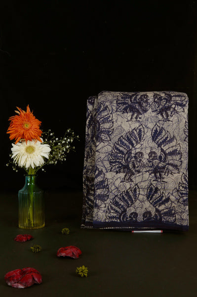 White and Blue Chanderi Silk Saree