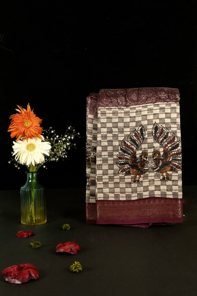 Maroon and Cream Chanderi Silk Saree