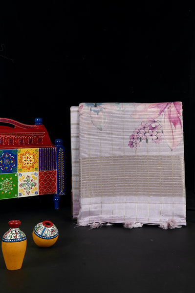 Pale Cream Pink Semi Tussar Saree