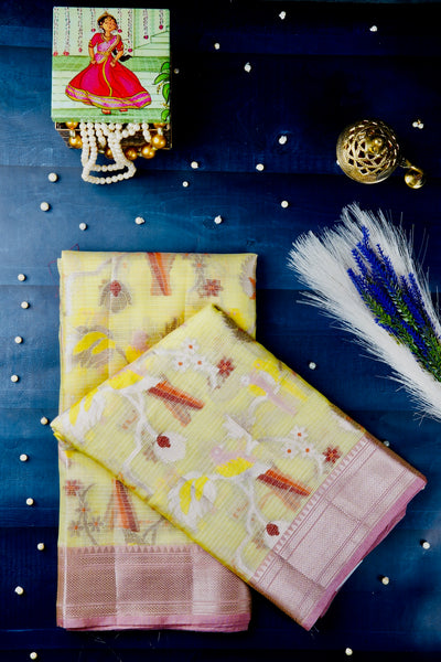 Lemon Yellow Semi Tussar Zari Type Saree