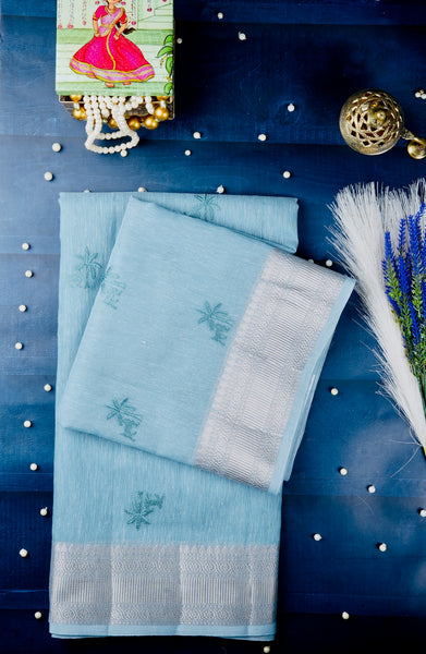 Light Blue Semi Tussar Embroidery Saree