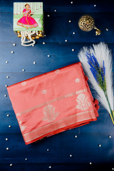 Coral Red Semi Tussar Zari Type Saree