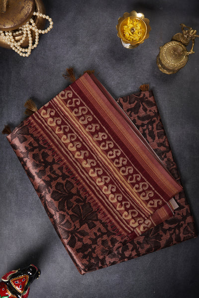 1276409-Palam-Silks-Shop-Online-Brown and Maroon Floral Semi Tussar Saree