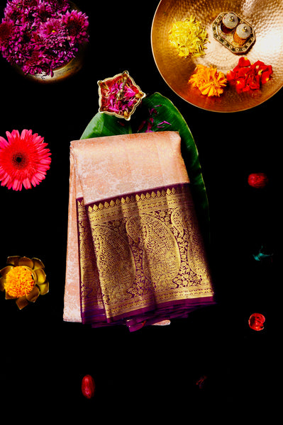 Cream Pink Kanchipuram Silk Saree