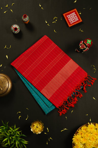 Teal and Red Soft Silk Saree
