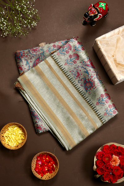 Earthy Sage Printed Semi Tussar Saree