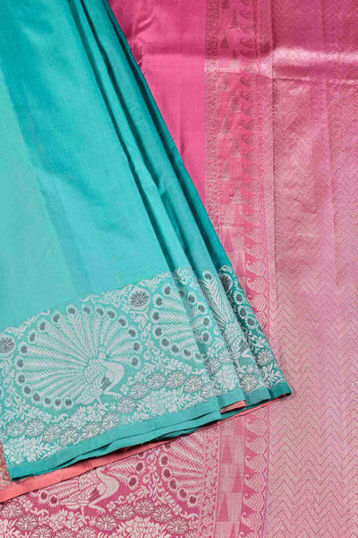 Teal Blue and Pink Kanchipuram Silk Saree