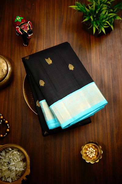 Black and Light Blue Kanchipuram Silk Saree