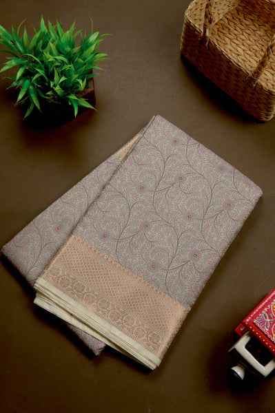 Pale Grey Floral Semi Tussar Saree