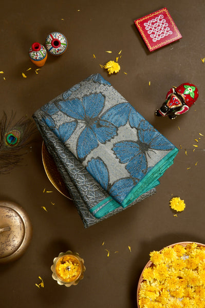 Blue and Silver Kanchipuram Silk Saree