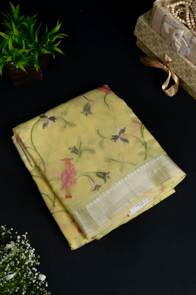 Yellow Semi Tussar Embroidered Saree