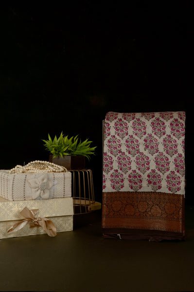 Cream Chanderi Silk Saree