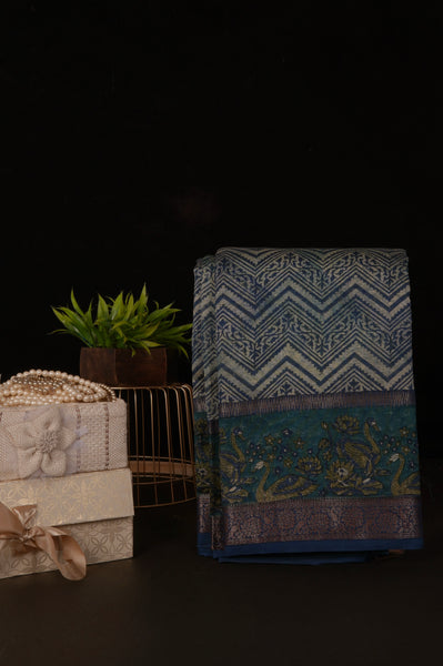 White and Blue Chanderi Silk Saree