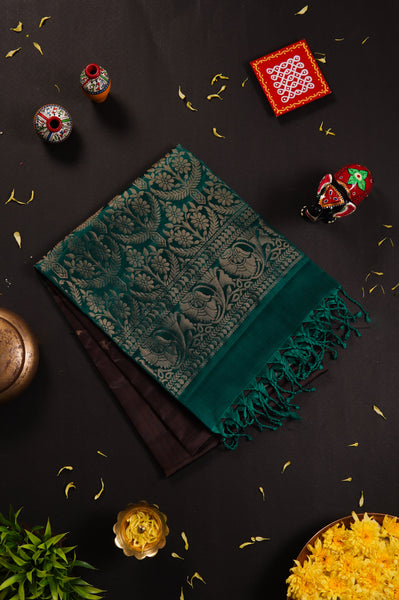 Brown and Green Soft Silk Saree