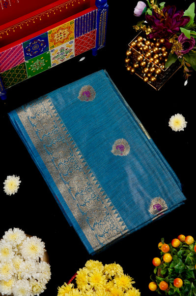 1242458-Palam-Silks-Shop-Online-Chathams Blue Semi Jute Saree