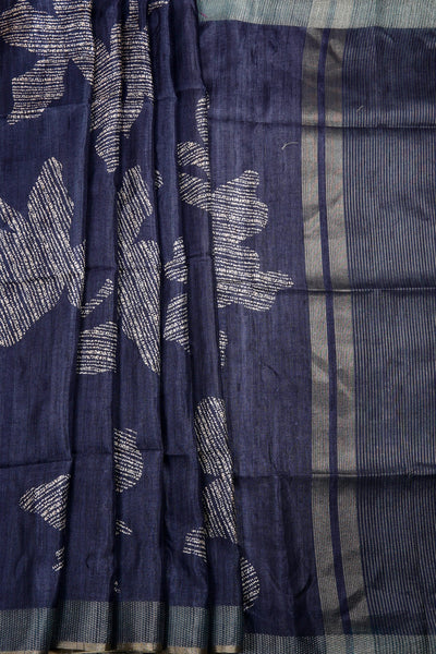 1268034-Palam-Silks-Shop-Online-Midnight Indigo Semi Tussar Saree