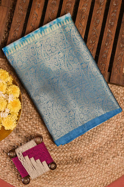 White and Blue Semi Tussar Saree