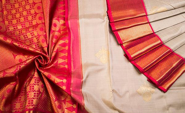 Cream & Peach-Pink Pure Kanchipuram Handloom Silk Saree