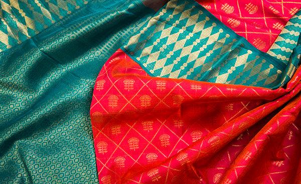 Peach & Green Pure Kanchipuram Handloom Silk Sarees