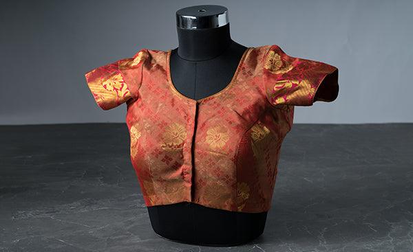 Pure Silk Salmon Red Blouse with Thread Embossed Patterns and Floral Zari Work
