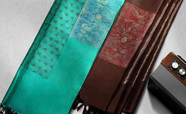 Turquoise Green & Black Pure Silk Saree With Folklore Motifs