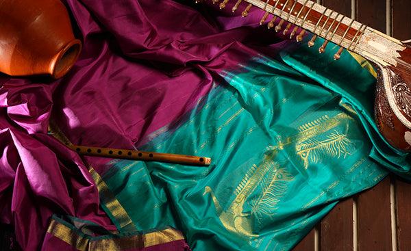 Purple & Aqua Green Pure Silk Saree With Rudra Veena Motif