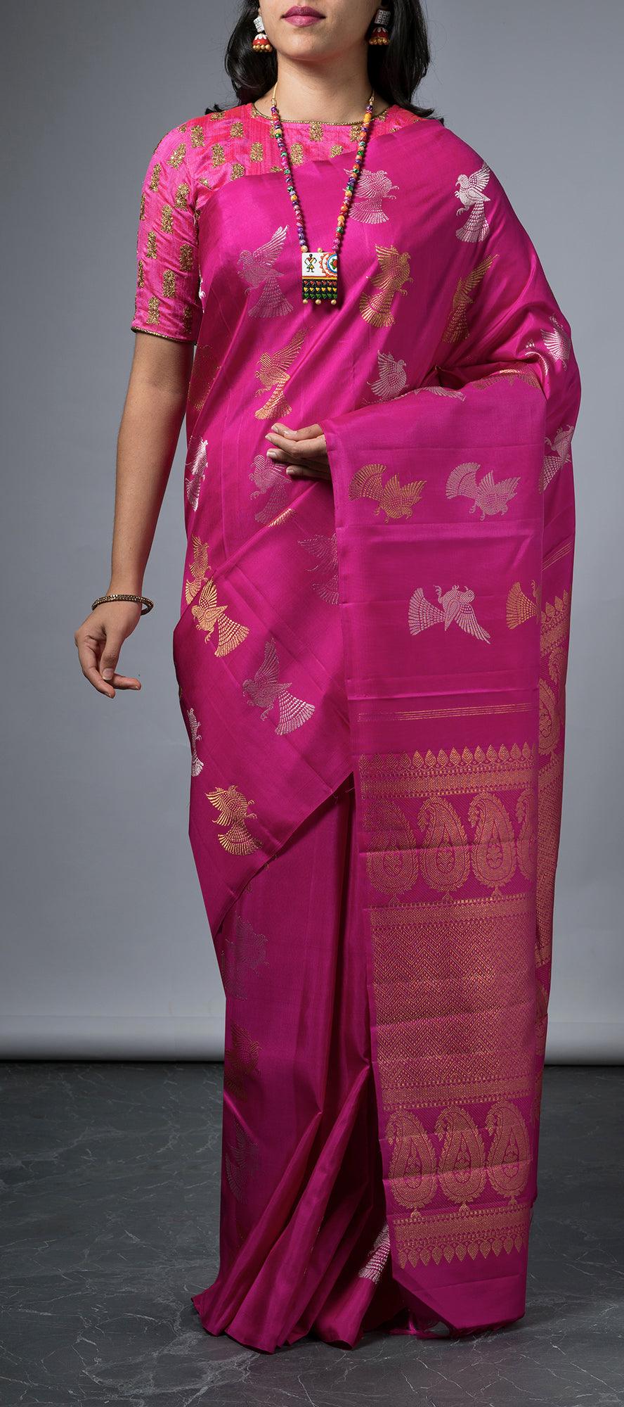 Semi raw silk saree green with zari woven buttas in borderless style at  135000 by Prashanti – Prashanti Sarees