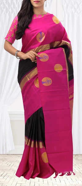Black and Magenta Pink Pure Kanchipuram Handloom Silk Saree With Pure Zari