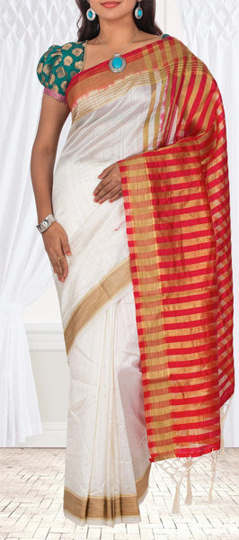 White & Red Semi Tussar Casual Saree