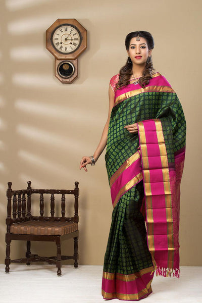 Green & Pink Kanchipuram Handloom Pure Silk Saree With Pure Zari