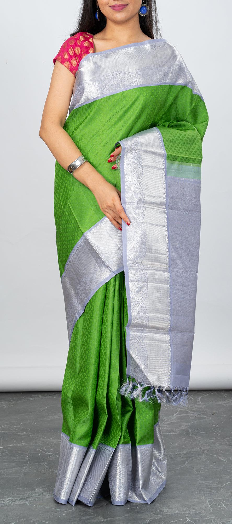 Light Green Banarasi Silk Saree with Silver Zari Weaves | Mirra clothing