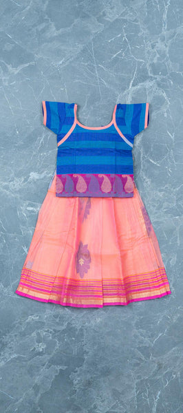 Royal Blue and Peach Kids Silk Cotton Paavadai ( 2-3 YEARS )