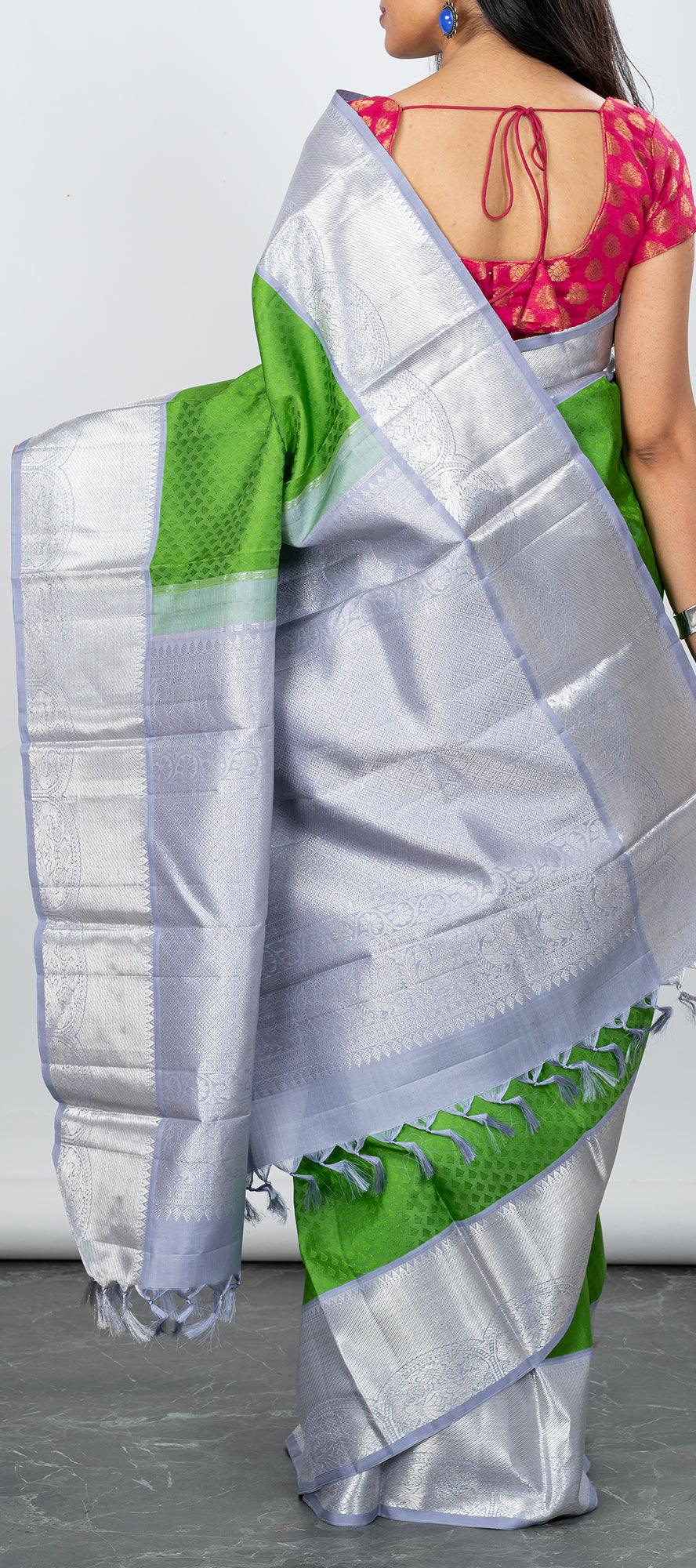 Soft Silk Cotton Saree with Silver Border – Chickpet Sarees
