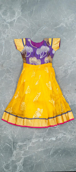 Yellow and Purple Silk Cotton Kids Gown