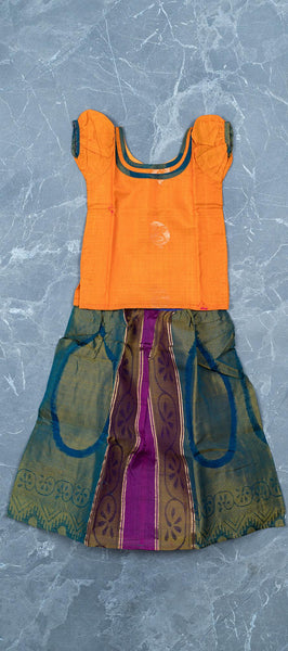 Orange and Green Silk Cotton Kids Paavadai ( 2-3 YEARS )