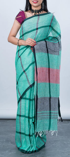 Aqua Blue Checked Linen Saree